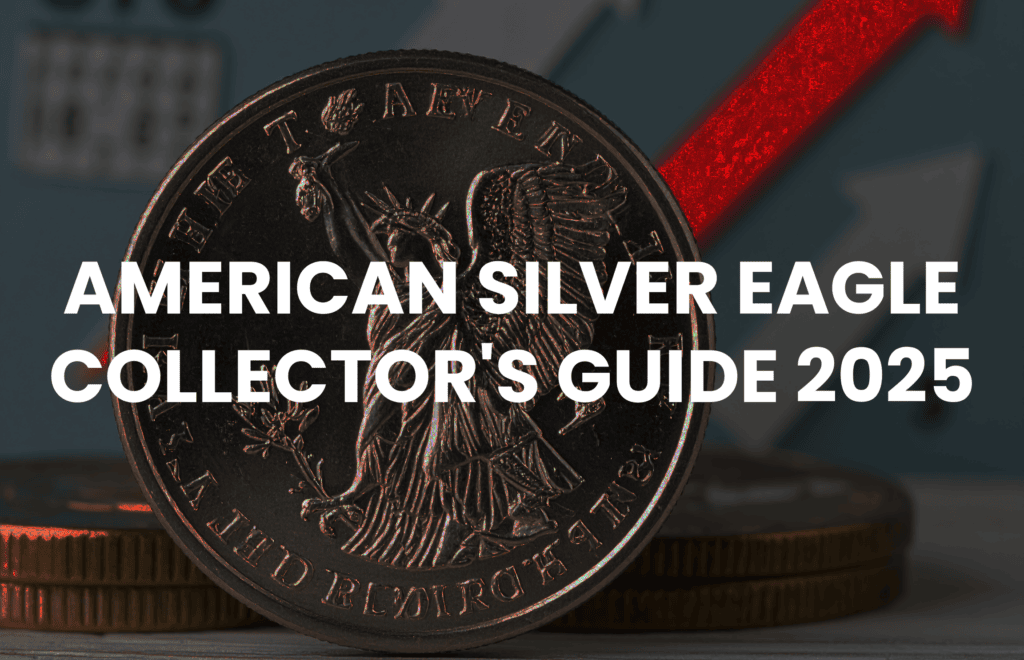 A professional, minimalist image featuring a gleaming American Silver Eagle coin and a portion of a "AMERICAN SILVER EAGLE COLLECTOR'S GUIDE 2025" publication, set against a dark background with a red accent.