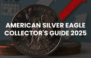 A professional, minimalist image featuring a gleaming American Silver Eagle coin and a portion of a "AMERICAN SILVER EAGLE COLLECTOR'S GUIDE 2025" publication, set against a dark background with a red accent.