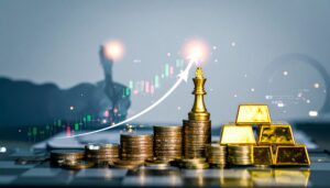 A stylized image combining financial strategy and precious metals, with stacked coins and a chart overlay, set against a backdrop of city lights.