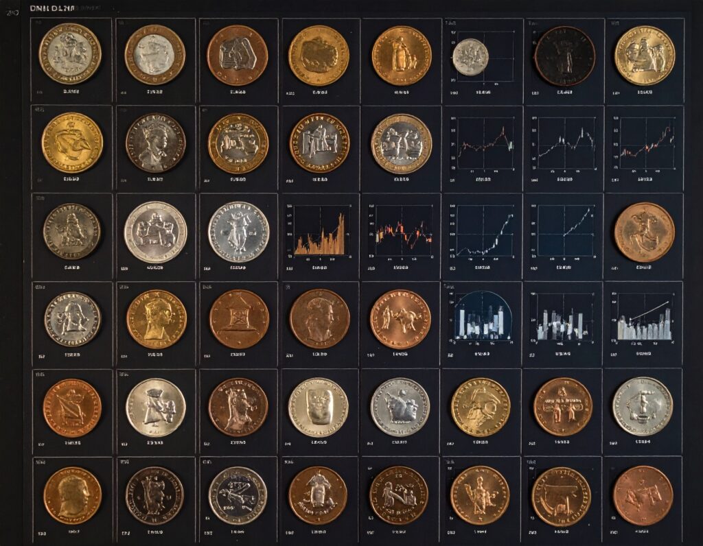 A grid of circular coins or tokens, each with a unique design, arranged to visually represent varying rarity and value.
