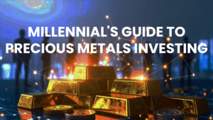 A visual representation of abstract, glowing digital lines and networks swirling around and connecting shining gold bars and silver coins, with the text "MILLENNIAL'S GUIDE TO PRECIOUS METALS INVESTING" at the top.