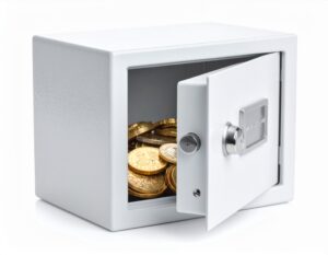 A small, open home safe revealing stacks of gold coins and gold bars neatly arranged inside.