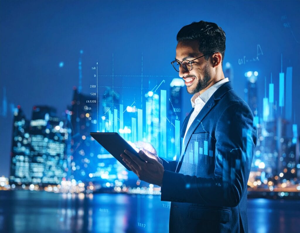 A young professional in a suit looking at a tablet with a city skyline at night in the background, symbolizing smart investment and technology.