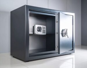 A dark grey home safe with its door open, revealing a smaller white safe inside and a chrome handle on the main door.