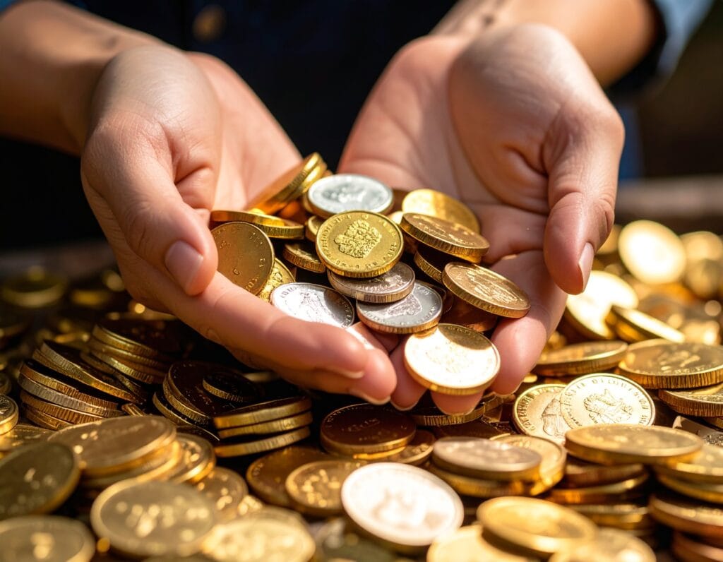 Hands sifting through a large pile of various gold-colored coins or small gold bars.