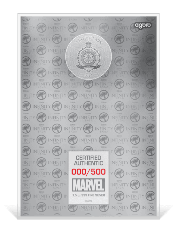 Reverse of 2025 Niue Thor: Ragnarok 1.5 oz silver colorized foil featuring GR Reserve emblem, Marvel logo, limited edition number “000/500,” and repeating GR pattern background.