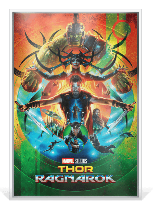 Colorized foil front for 2025 Niue Thor: Ragnarok 1.5 oz silver collectible featuring Thor and Hela in dynamic Marvel Infinity Saga Phase 3 artwork with vibrant green, red, and orange hues.