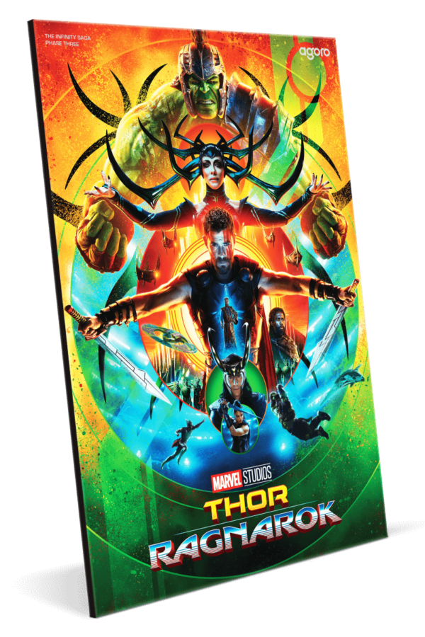 Side view of 2025 Niue Thor: Ragnarok 1.5 oz silver colorized foil featuring dynamic artwork of Thor with dramatic lighting and vibrant background from Marvel Infinity Saga Phase 3.
