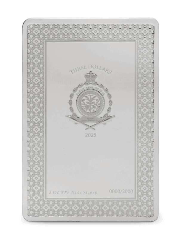 2025 Niue Star Signs of the Zodiac Libra 2oz silver colorized proof coin reverse with national crest, ornamental border, and year of issue.