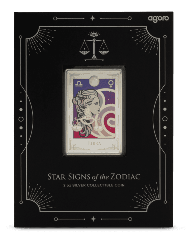 2025 Niue Star Signs of the Zodiac Libra 2oz silver colorized proof coin presentation box with black background, silver Libra symbol, and elegant display window.