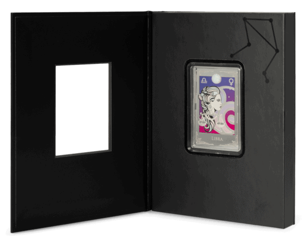 Open display box for the 2025 Niue Star Signs of the Zodiac Libra 2oz silver colorized proof coin with constellation artwork and visible coin.
