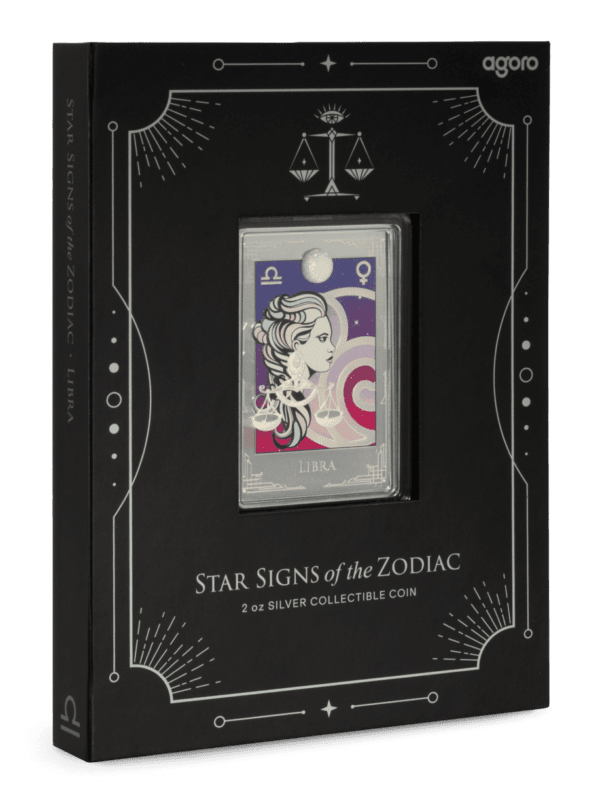 2025 Niue Star Signs of the Zodiac Libra 2oz silver colorized proof coin side‑view presentation box with ornate silver detailing and visible coin display.