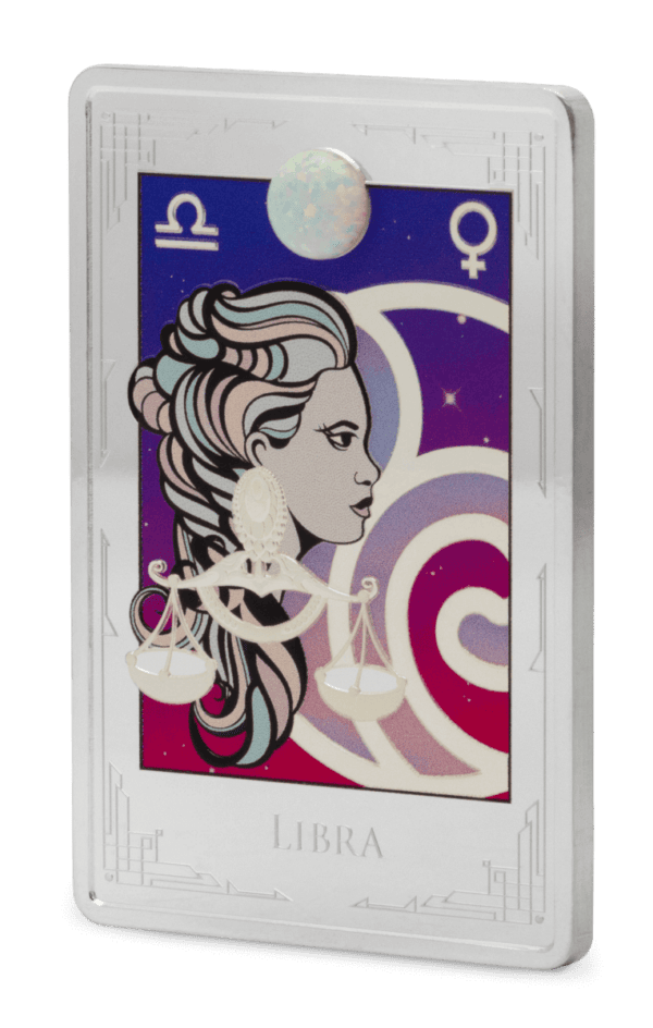 2025 Niue Star Signs of the Zodiac Libra 2oz silver colorized proof coin with stylized Libra woman, purple and pink celestial background, and zodiac symbol.