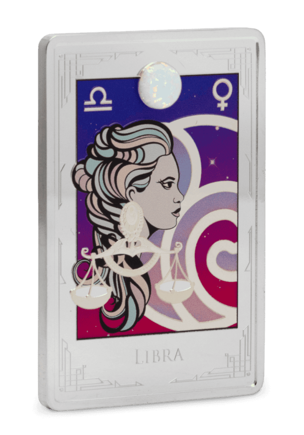 2025 Niue Star Signs of the Zodiac Libra 2oz silver colorized proof coin with stylized Libra figure, Venus symbol, and purple celestial background.