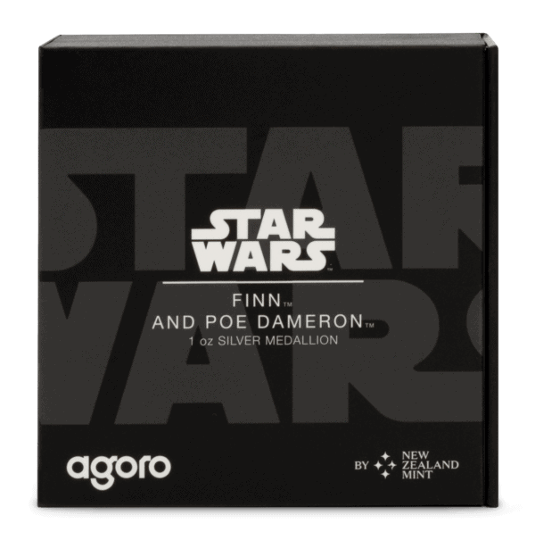 Front of product box for 2025 Star Wars Allies Finn and Poe Dameron silver medallion, featuring bold franchise branding and New Zealand Mint logo.