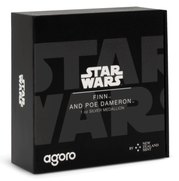 Side view of product box for 2025 Star Wars Allies Finn and Poe Dameron silver medallion, featuring bold franchise branding and Agoro logo.