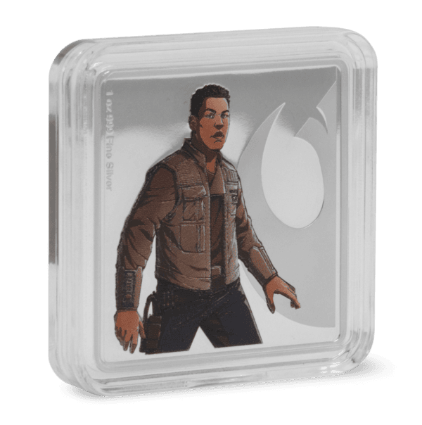 Colorized silver medallion featuring Finn from Star Wars in dynamic pose, encased in clear display box with Resistance-themed background.