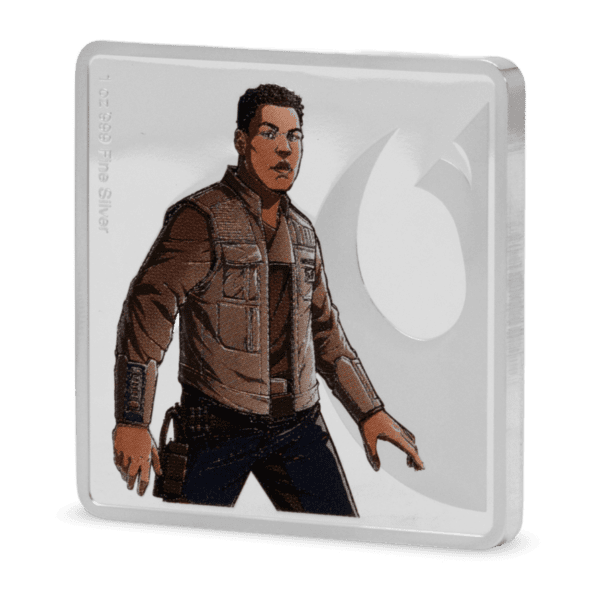 Colorized silver medallion featuring Finn from Star Wars in left-facing pose, wearing brown jacket and black pants, with stylized Resistance-themed background.