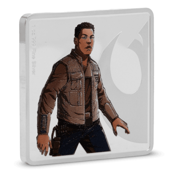 Colorized silver medallion featuring Finn from Star Wars in right-facing pose, wearing brown jacket, with stylized galactic background.