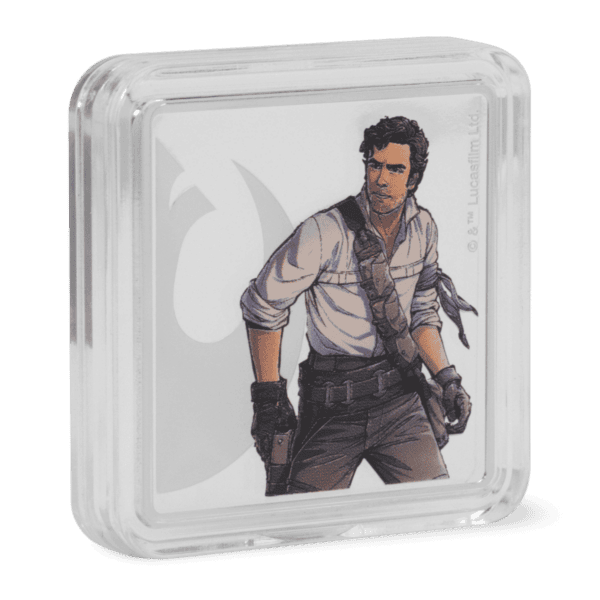 Colorized silver medallion featuring Poe Dameron from Star Wars in heroic pose, encased in clear display box with galactic-themed background.