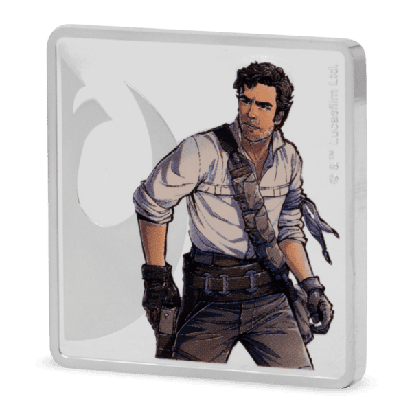 Colorized silver medallion featuring Poe Dameron from Star Wars in left-facing pose, wearing white shirt and gloves, with stylized galactic background.