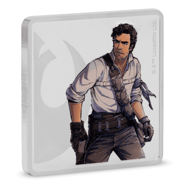 Colorized silver medallion featuring Poe Dameron from Star Wars in right-facing pose, wearing white shirt and gloves, with stylized galactic background.