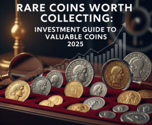 A display case filled with various rare and valuable coins, illuminated from above, with the text "RARE COINS WORTH COLLECTING! INVESTMENT VALUE UP TO COINS. 2025" overlaid at the top.