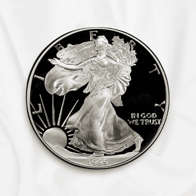 The obverse of a 1995-W Proof American Silver Eagle coin, featuring the Walking Liberty design.