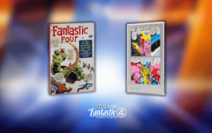 Side-by-side display of limited-edition 2025 Niue Comix Marvel Fantastic Four #1 Cover silver coin and Internal Page silver foil against a blurred movie backdrop.