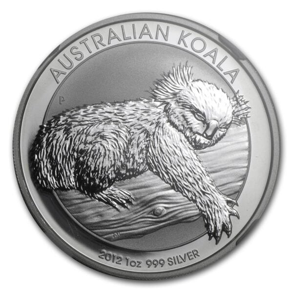 Front side of 2012 Australia Koala 1 oz Silver Coin featuring detailed koala design