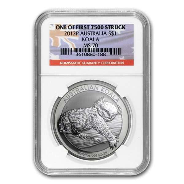2012 Australia Koala 1 oz Silver Coin graded NGC MS-70, one of the first 7,500 struck, in protective holder