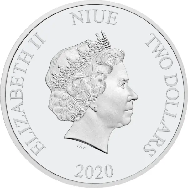 Obverse of 2020 Niue Disney Fantasia “Dozing Sorcerer’s Apprentice” 1 oz Silver Proof Coin featuring inscriptions and Queen Elizabeth II effigy.