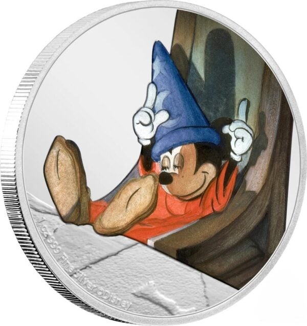 Side view of 2020 Niue Disney Fantasia “Dozing Sorcerer’s Apprentice” 1 oz Silver Colorized Proof Coin featuring Mickey Mouse in wizard hat and robe.