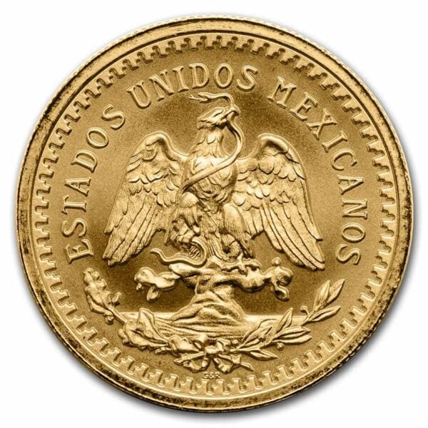 Reverse of 2021 Mexico 100th Anniversary 50 Pesos Tribute Coin featuring gilded Mexican coat of arms with eagle, cactus, and snake, surrounded by “ESTADOS UNIDOS MEXICANOS”