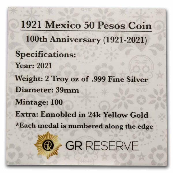 Certificate of Authenticity for 2021 Mexico 50 Pesos Tribute Coin with GR Reserve logo and coin specifications including weight, diameter, mintage, and gold enamel details.