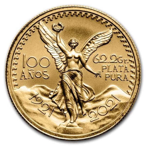 Obverse of 2021 Mexico 100th Anniversary 50 Pesos Tribute Coin featuring gilded winged Victory statue, mountain backdrop, and inscriptions “100 AÑOS,” “60 Grs PLATA PURA,” and “1921–2021”