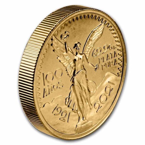 Full view of 2021 Mexico 100th Anniversary 50 Pesos Tribute Coin featuring gilded Angel of Independence, dual dates “1917” and “2021,” “50 PESOS,” and ribbed edge