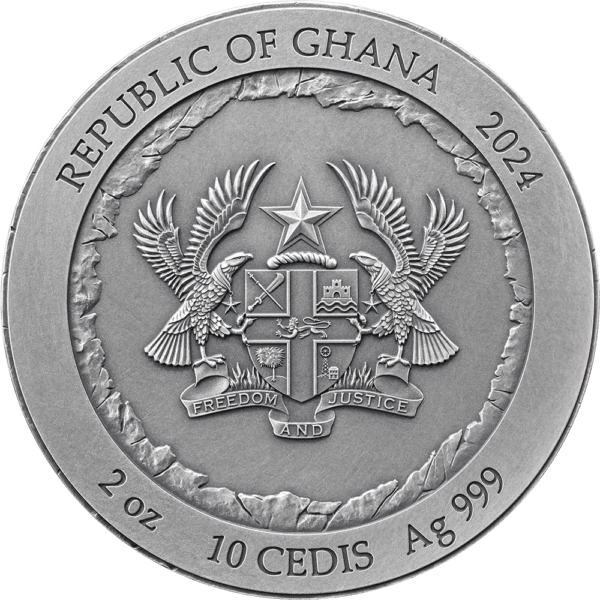 Reverse of 2024 Ghana Mount Rushmore Special Edition 2 oz Silver Coin featuring Ghana coat of arms, denomination of 10 Cedis, and silver purity stamp (.999 Ag)