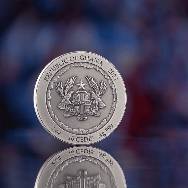 Reverse of 2024 Ghana Mount Rushmore Special Edition 2 oz Silver Coin featuring Ghana coat of arms, “REPUBLIC OF GHANA 2024” and “FREEDOM AND JUSTICE” inscriptions.