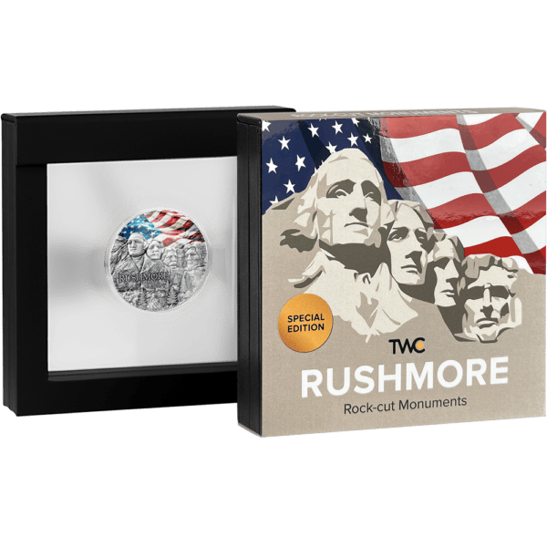 2024 Ghana Mount Rushmore Special Edition 2 oz Silver Colorized Coin with display box; features sculpted presidential portraits and American flag, packaged in “Rushmore Rockcut Monuments” presentation.
