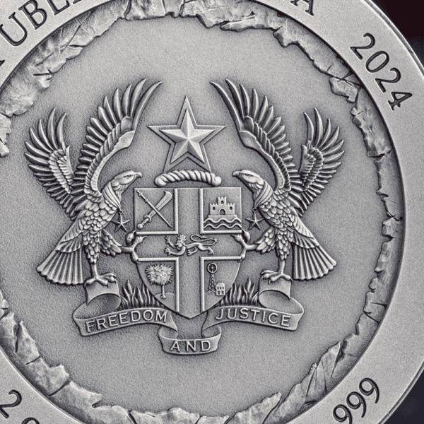 Reverse of 2024 Ghana Mount Rushmore Special Edition 2 oz Silver Coin featuring Ghana coat of arms with shield, eagles, star, and purity stamp “999"