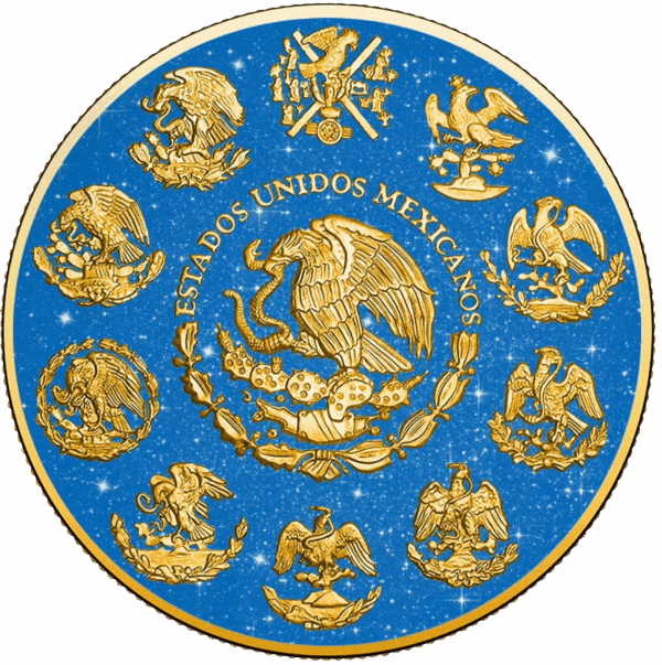 Reverse side of the 2024 Mexico Libertad 1 oz Silver Gilded Coin featuring Mexican coat of arms and historical emblems on a blue background.