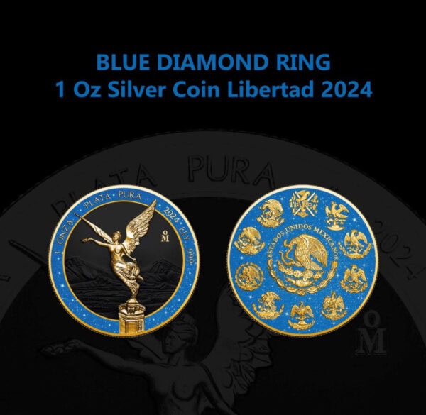 2024 Mexico Libertad 1 oz Silver Gilded Coin with blue diamond dust ring and GR Reserve certificate, featuring angel and symbolic reverse designs.