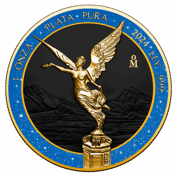 Front view of the 2024 Mexico Libertad 1 oz Silver Gilded Coin featuring Winged Victory, blue diamond dust ring, and gold inscriptions.