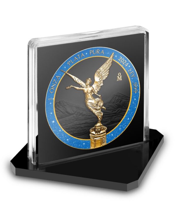 2024 Mexico Libertad 1 oz Silver Gilded Coin in GR Reserve packaging, featuring Winged Victory with blue diamond dust ring and gold accents.