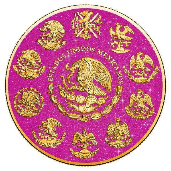 Reverse side of 2024 Mexico Libertad 1 oz silver coin with pink mother-of-pearl background, gold accents, and central eagle design.