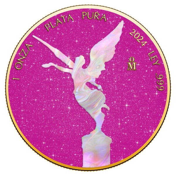 2024 Mexico Libertad 1 oz silver coin with mother-of-pearl and pink sapphire accents featuring winged angel design