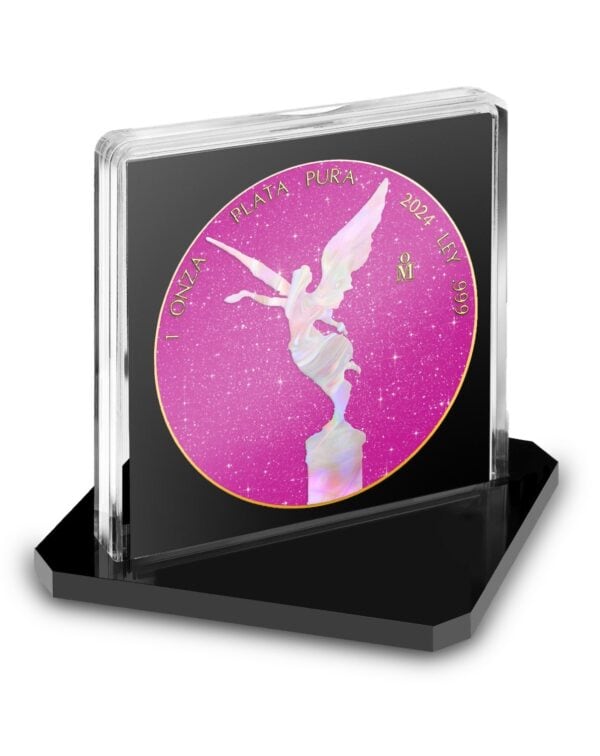 2024 Mexico Libertad 1 oz silver coin with mother-of-pearl and pink sapphire in GR Reserve packaging.