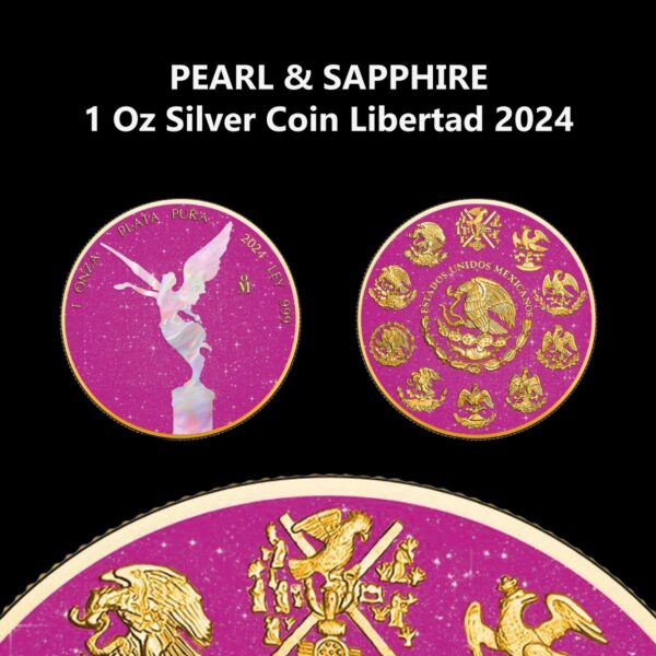 Promotional graphic for 2024 Mexico Libertad 1 oz silver coin featuring mother-of-pearl and pink sapphire with angel and emblem designs.