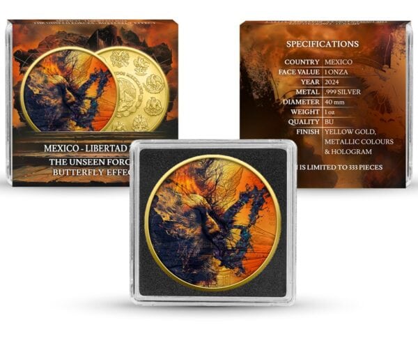 Packaging for 2024 Mexico Libertad Butterfly Effect 1 oz Silver Coin including coin, display box, and certificate of authenticity.